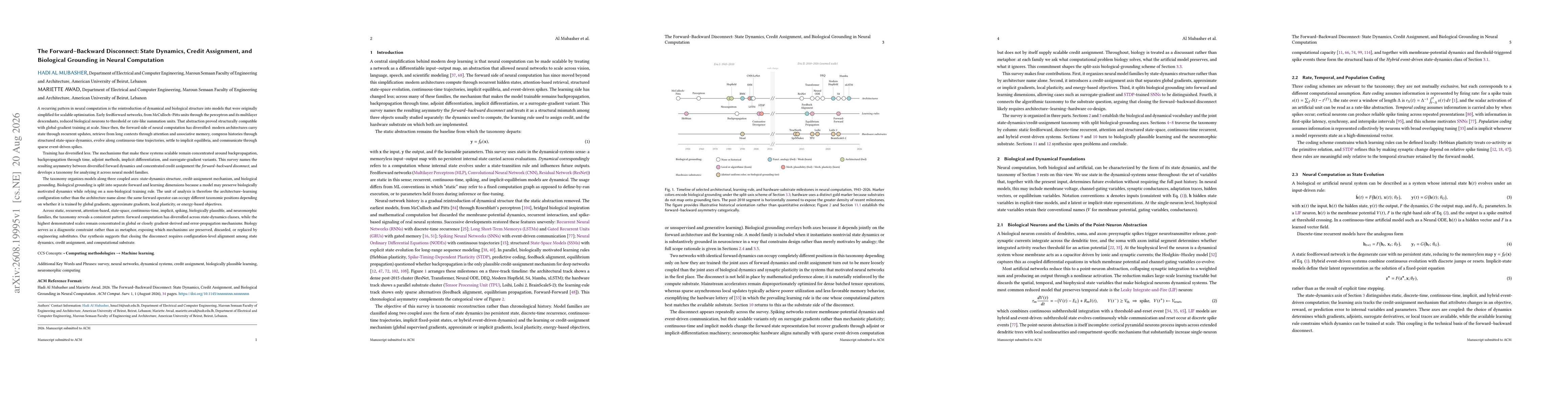 Thumbnail for The Forward-Backward Disconnect: State Dynamics, Credit Assignment, and Biological Grounding in Neural Computation