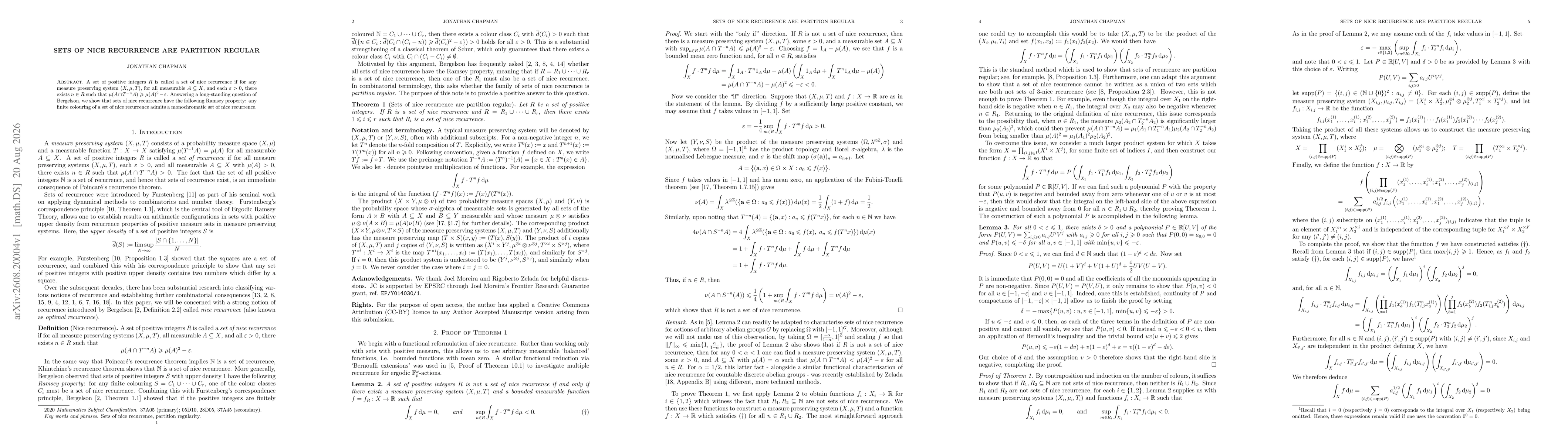 Thumbnail for Sets of nice recurrence are partition regular