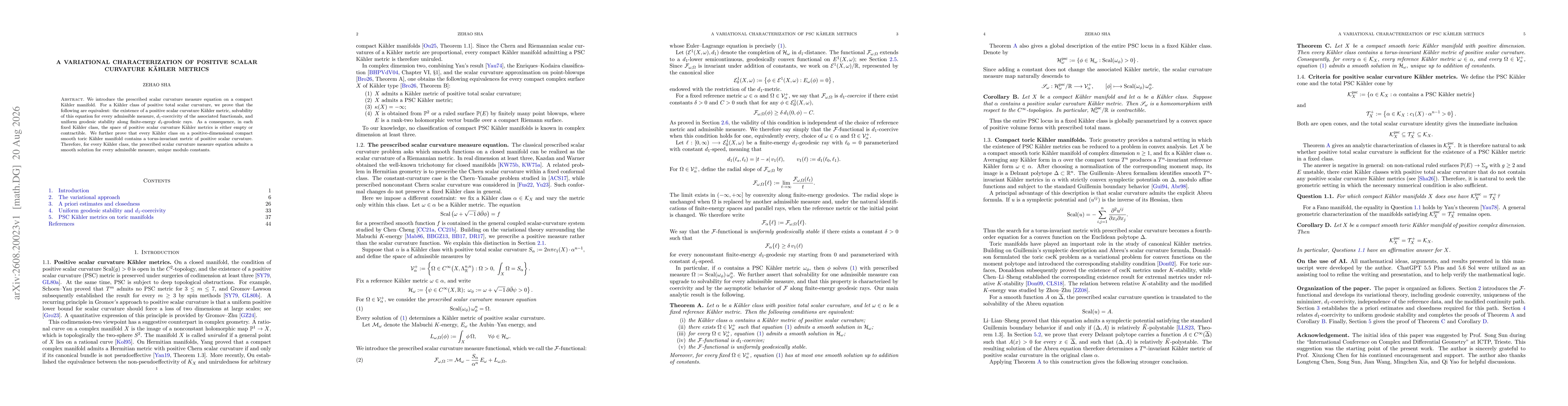 Thumbnail for A Variational Characterization of Positive Scalar Curvature Kähler metrics