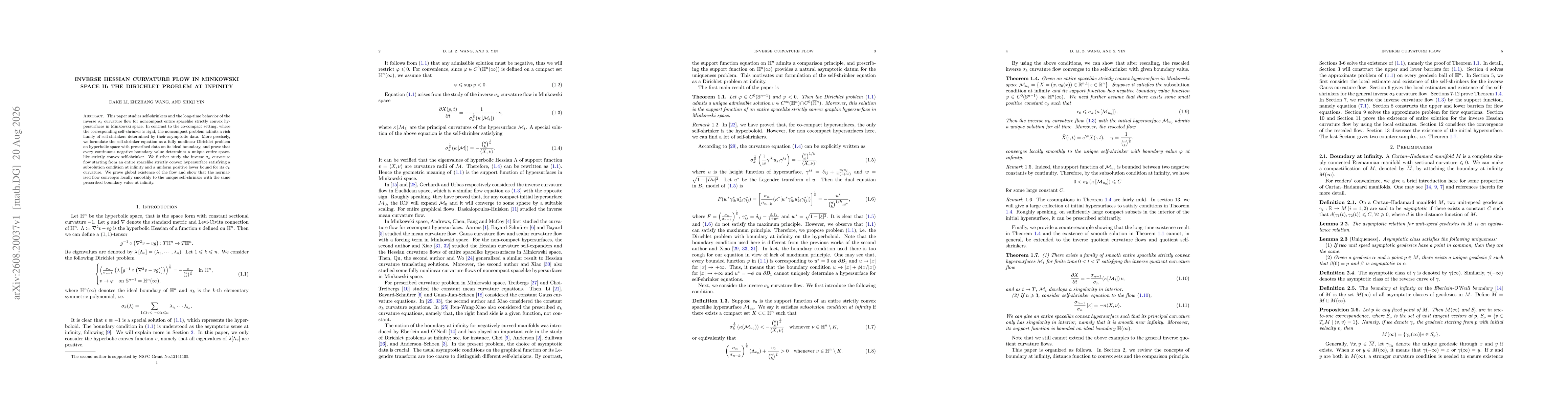 Thumbnail for Inverse Hessian Curvature Flow in Minkowski Space II: The Dirichlet problem at infinity