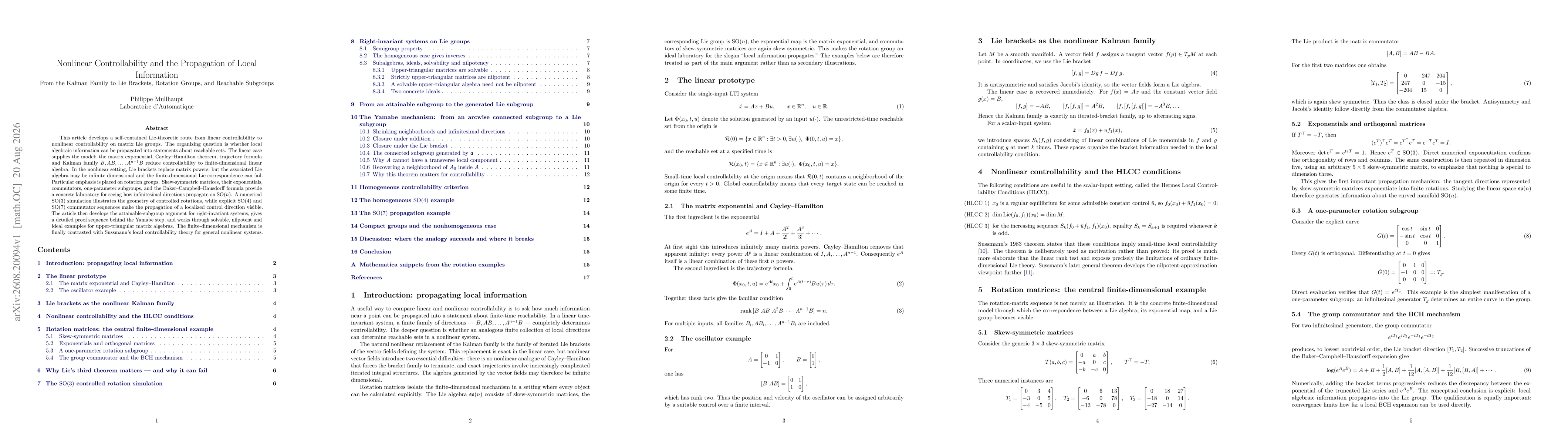 Thumbnail for Nonlinear Controllability and the Propagation of Local Information: From the Kalman Family to Lie Brackets, Rotation Groups, and Reachable Subgroups
