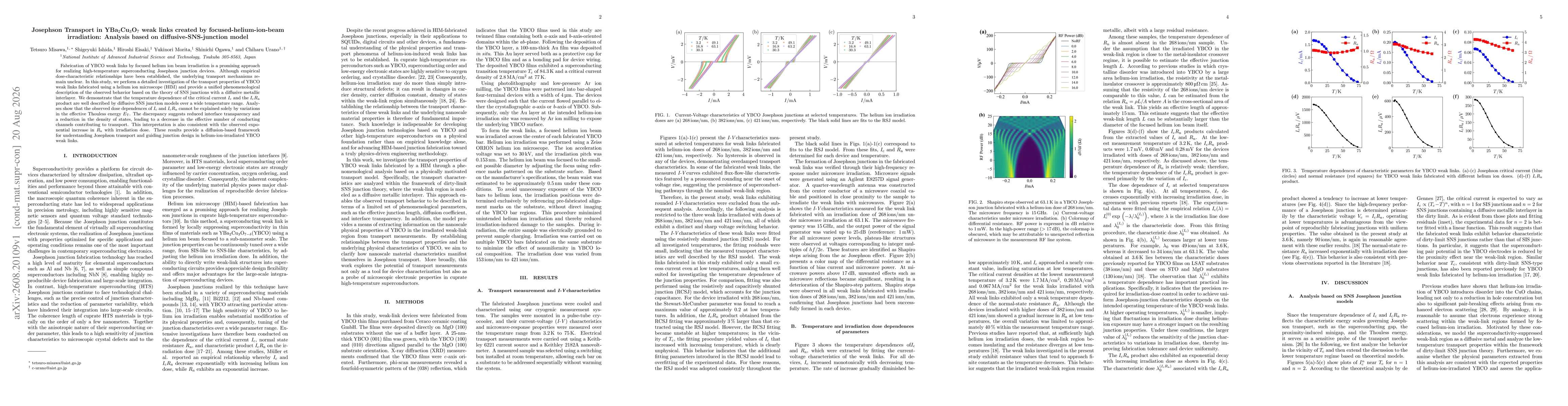Thumbnail for Josephson transport in YBa${}_{2}$Cu${}_{3}$O${}_{7}$ weak links created by focused-helium-ion-beam irradiation: Analysis based on diffusive-SNS-junction model