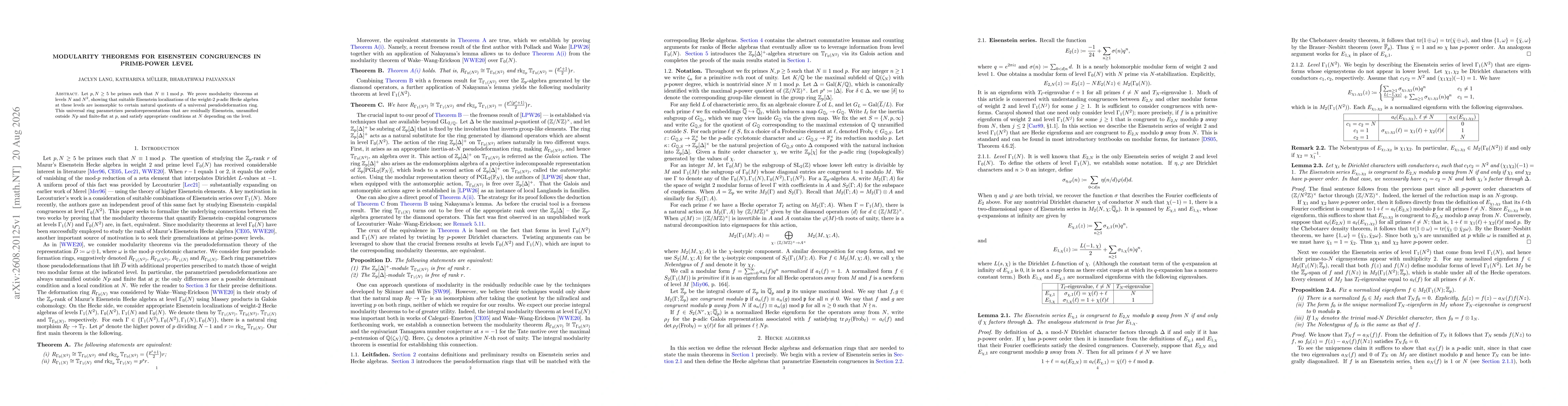 Thumbnail for Modularity theorems for Eisenstein congruences in prime-power level