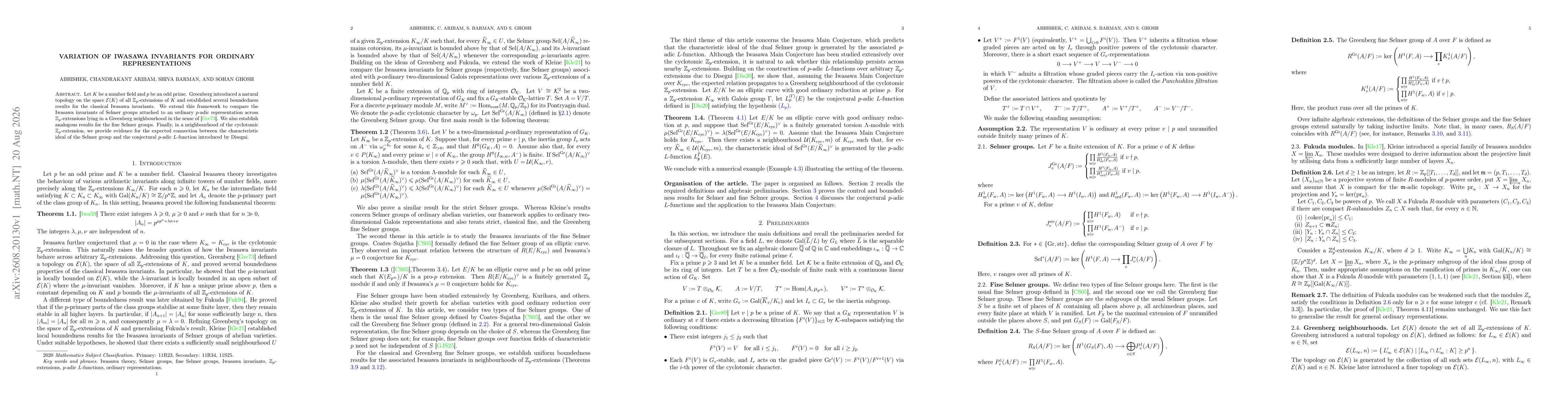 Thumbnail for Variation of Iwasawa Invariants for Ordinary Representations