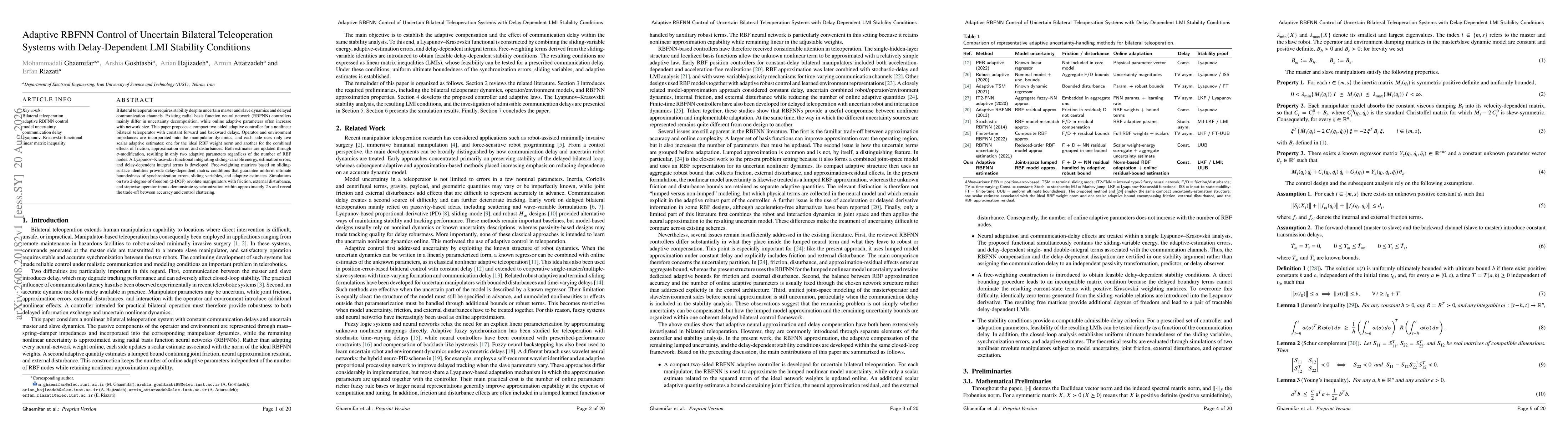Thumbnail for Adaptive RBFNN Control of Uncertain Bilateral Teleoperation Systems with Delay-Dependent LMI Stability Conditions