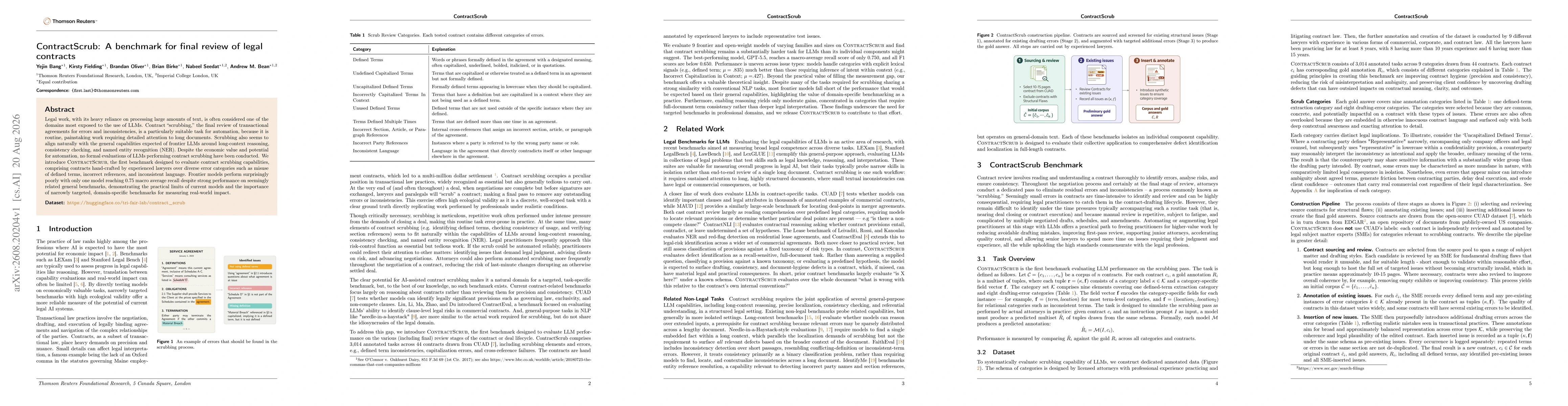 Thumbnail for ContractScrub: A benchmark for final review of legal contracts