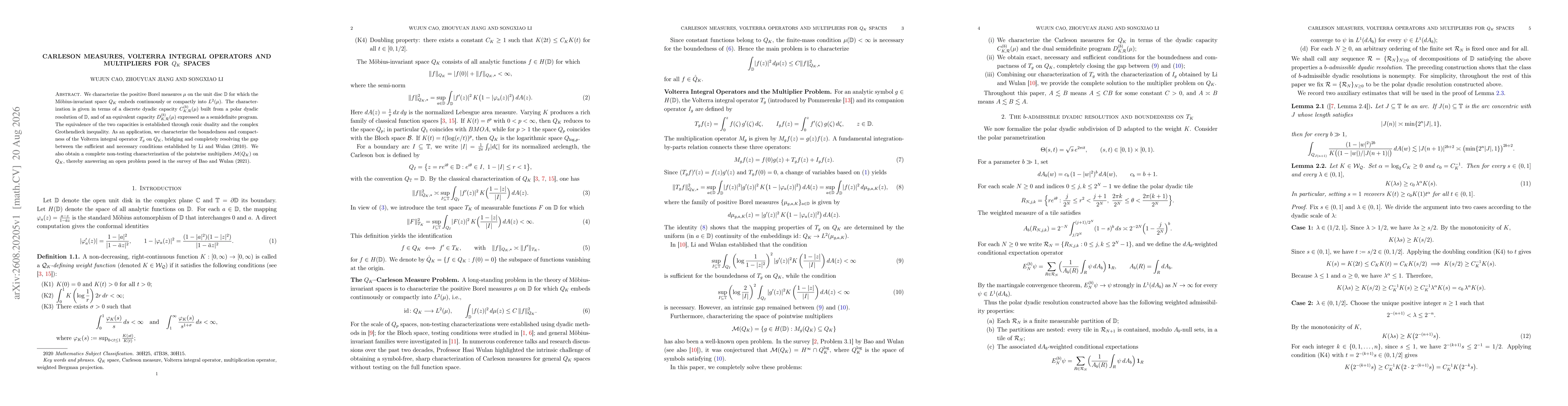 Thumbnail for Carleson measures, Volterra integral operators and multipliers for $Q_K$ spaces
