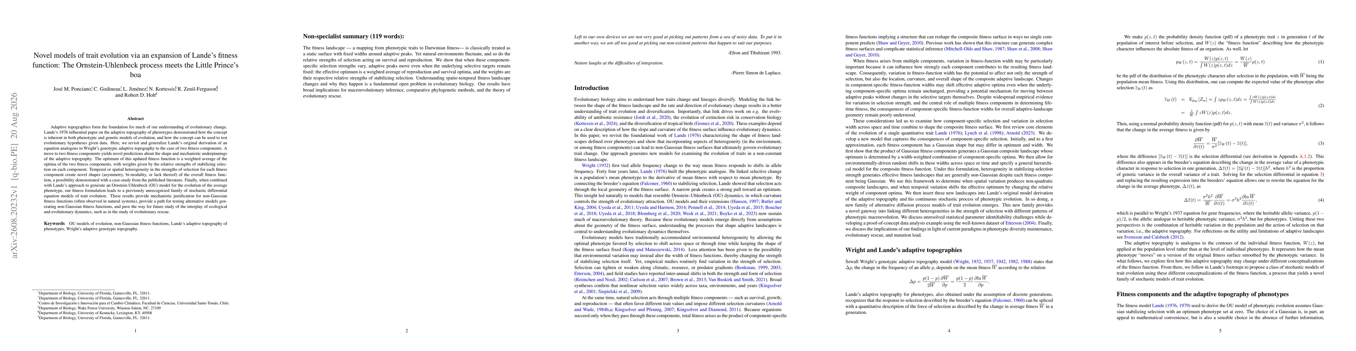 Thumbnail for Novel models of trait evolution via an expansion of Lande's fitness function: The Ornstein-Uhlenbeck process meets the Little Prince's boa