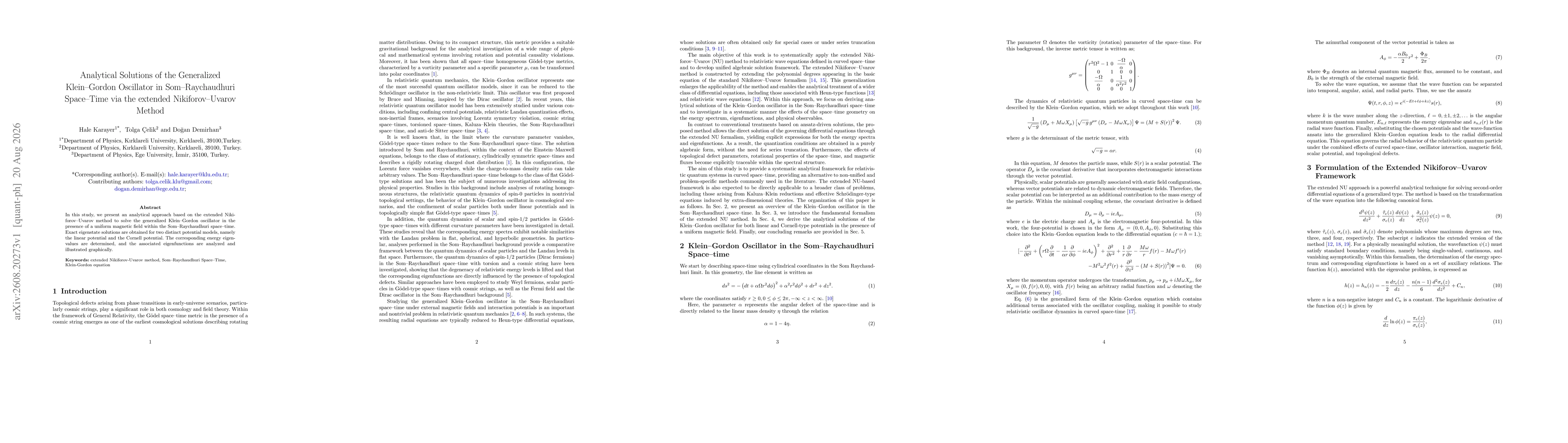 Thumbnail for Analytical Solutions of the Generalized Klein-Gordon Oscillator in Som-Raychaudhuri Space-Time via the Extended Nikiforov-Uvarov Method