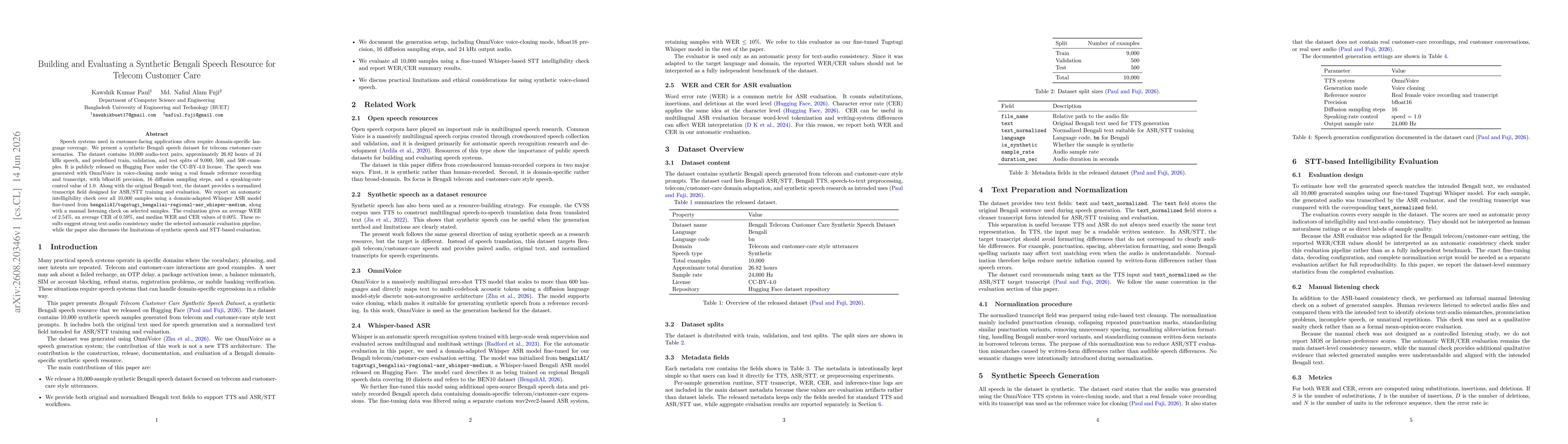 Thumbnail for Building and Evaluating a Synthetic Bengali Speech Resource for Telecom Customer Care