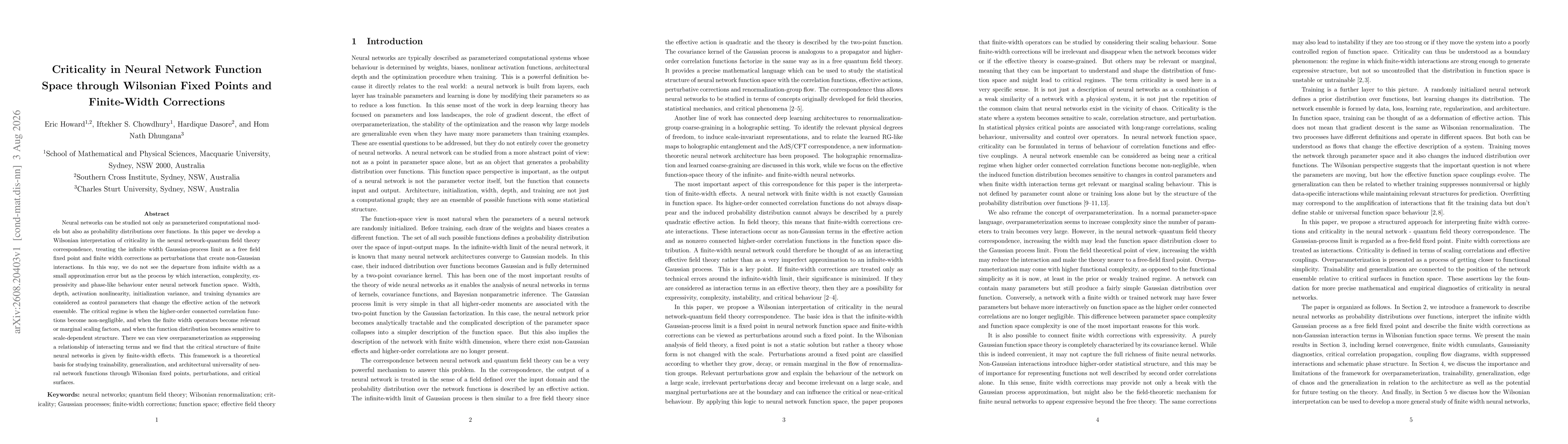 Thumbnail for Criticality in Neural Network Function Space through Wilsonian Fixed Points and Finite-Width Corrections