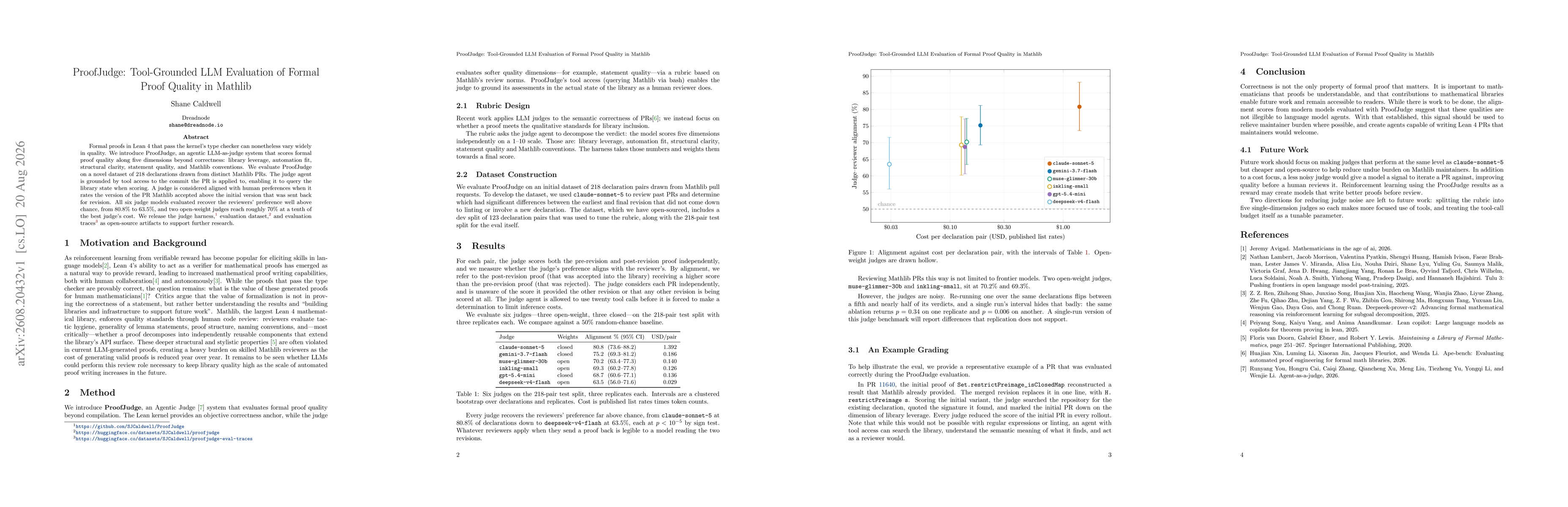 Thumbnail for ProofJudge: Tool-Grounded LLM Evaluation of Formal Proof Quality in Mathlib