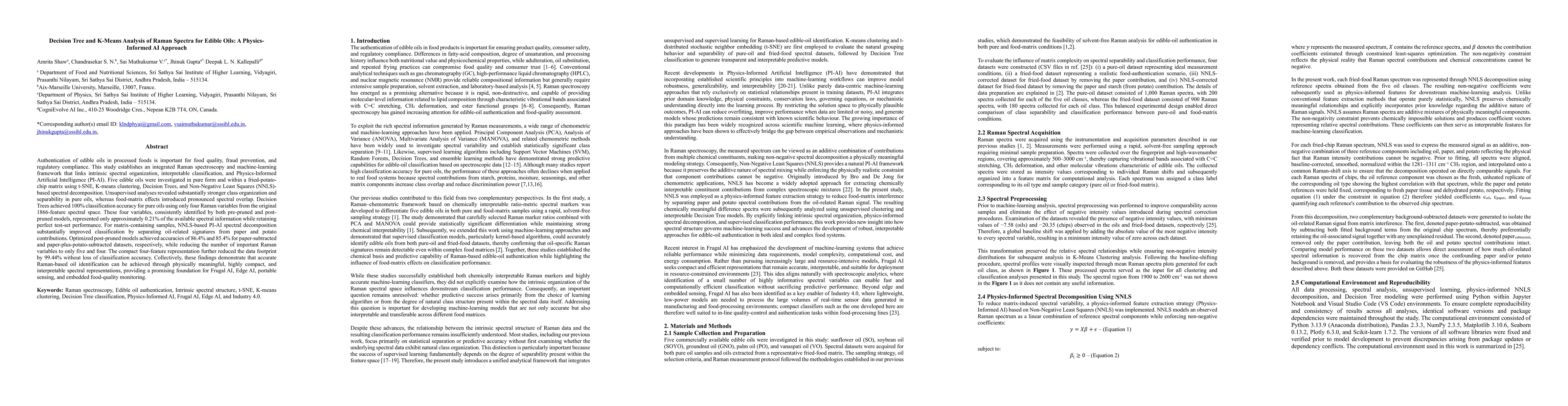 Thumbnail for Decision Tree and K-Means Analysis of Raman Spectra for Edible Oils: A Physics-Informed AI Approach