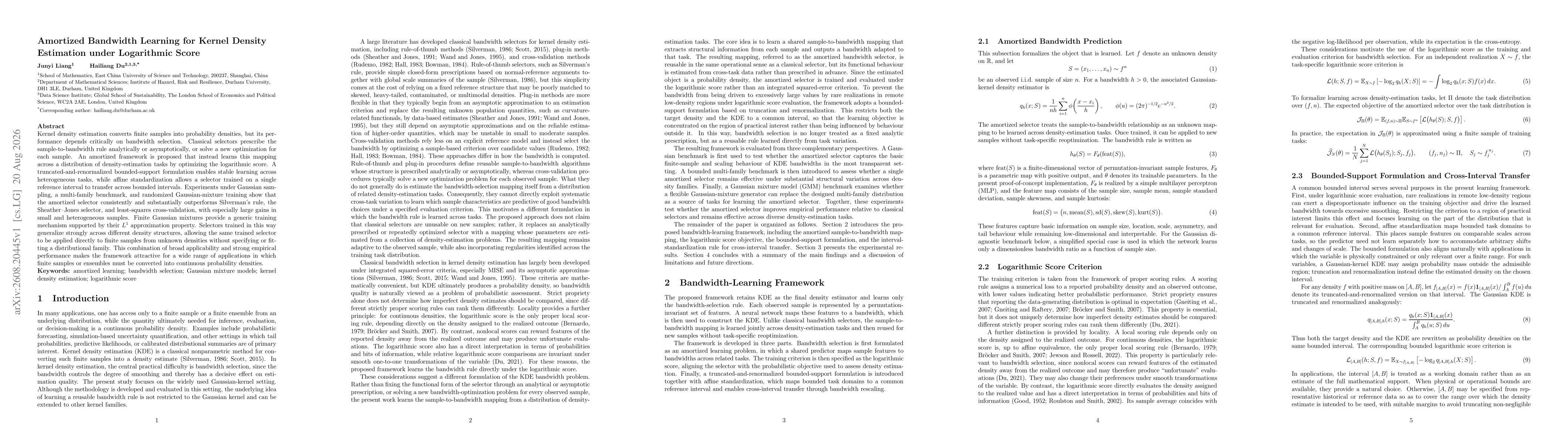 Thumbnail for Amortized Bandwidth Learning for Kernel Density Estimation under Logarithmic Score