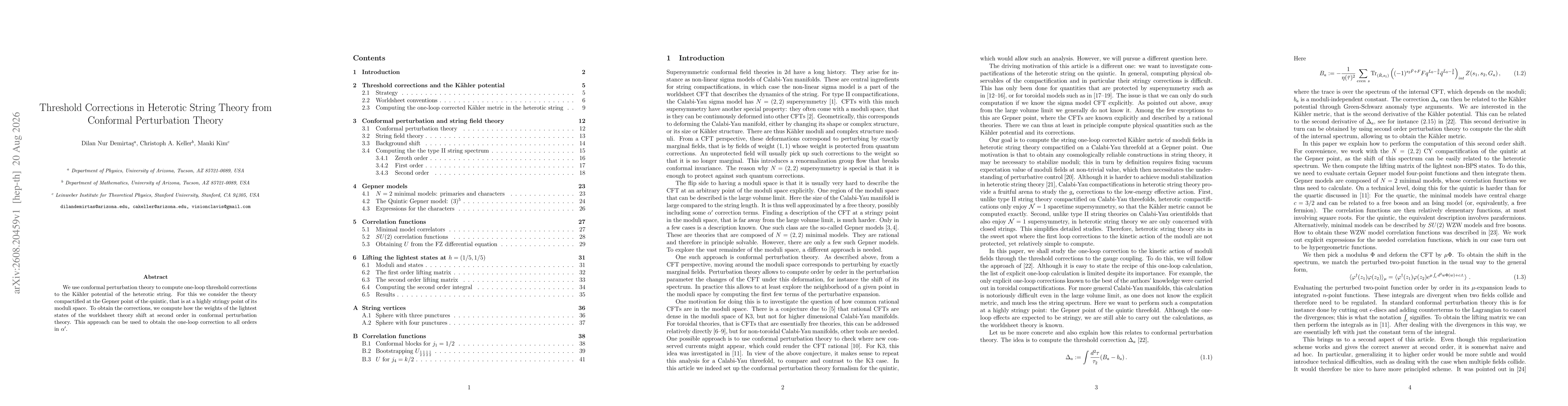 Thumbnail for Threshold Corrections in Heterotic String Theory from Conformal Perturbation Theory