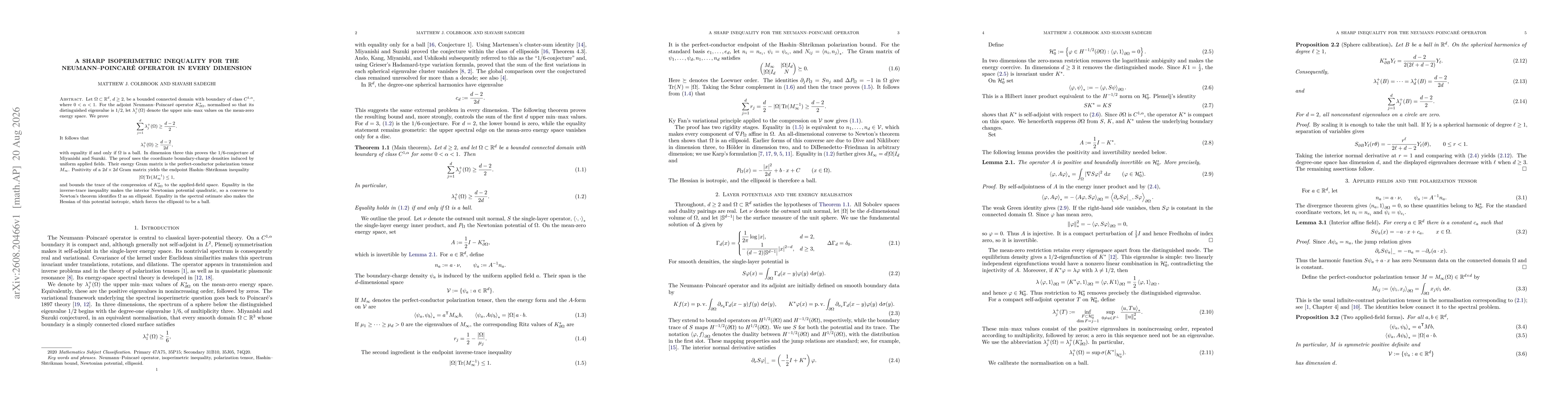 Thumbnail for A sharp isoperimetric inequality for the Neumann--Poincaré operator in every dimension