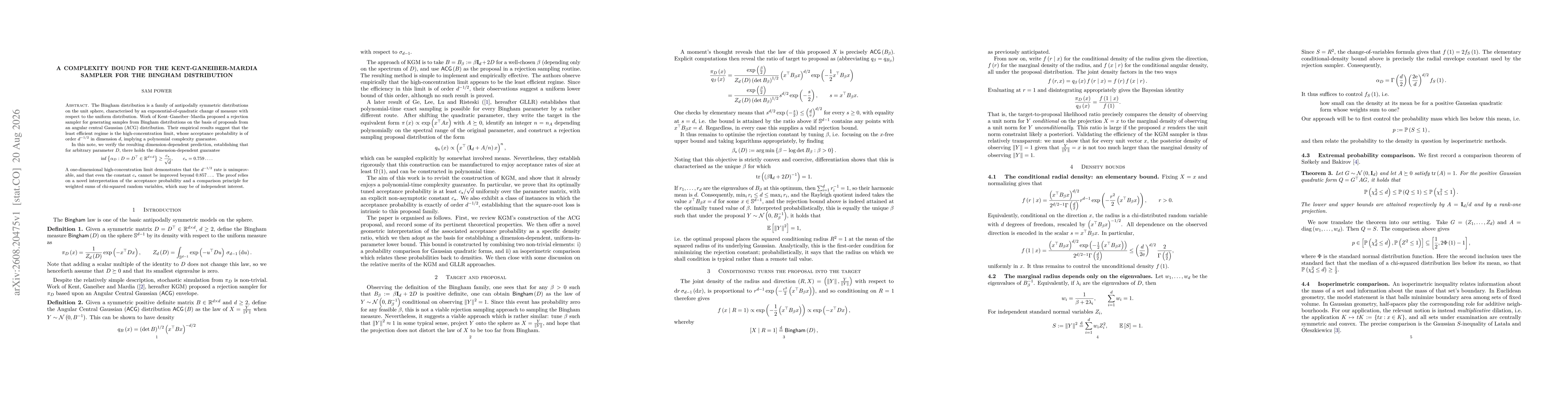 Thumbnail for A Complexity Bound for the Kent-Ganeiber-Mardia Sampler for the Bingham Distribution
