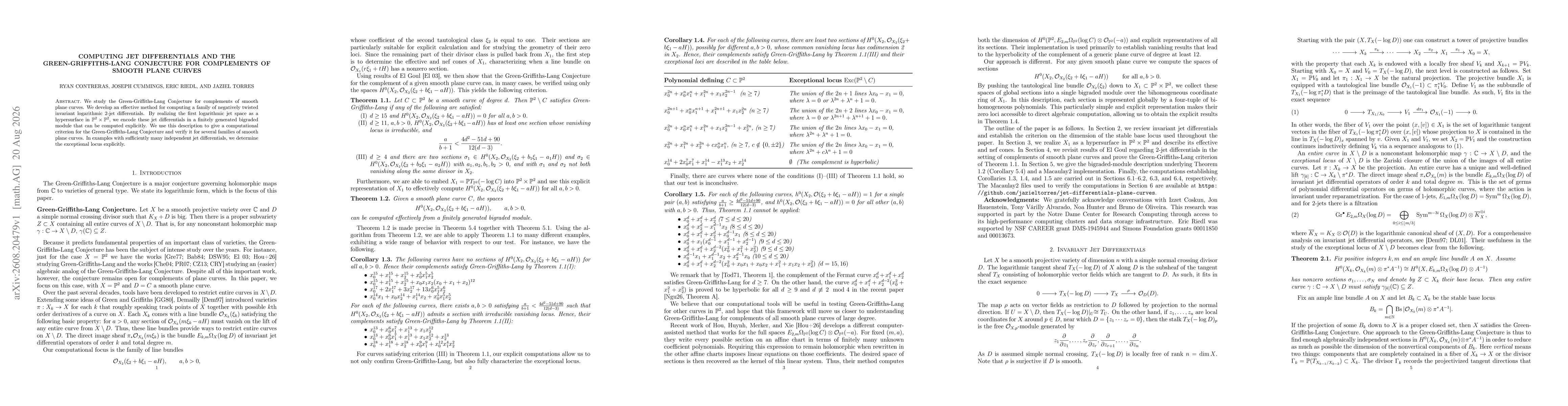 Thumbnail for Computing Jet Differentials and the Green-Griffiths-Lang Conjecture for Complements of Smooth Plane Curves