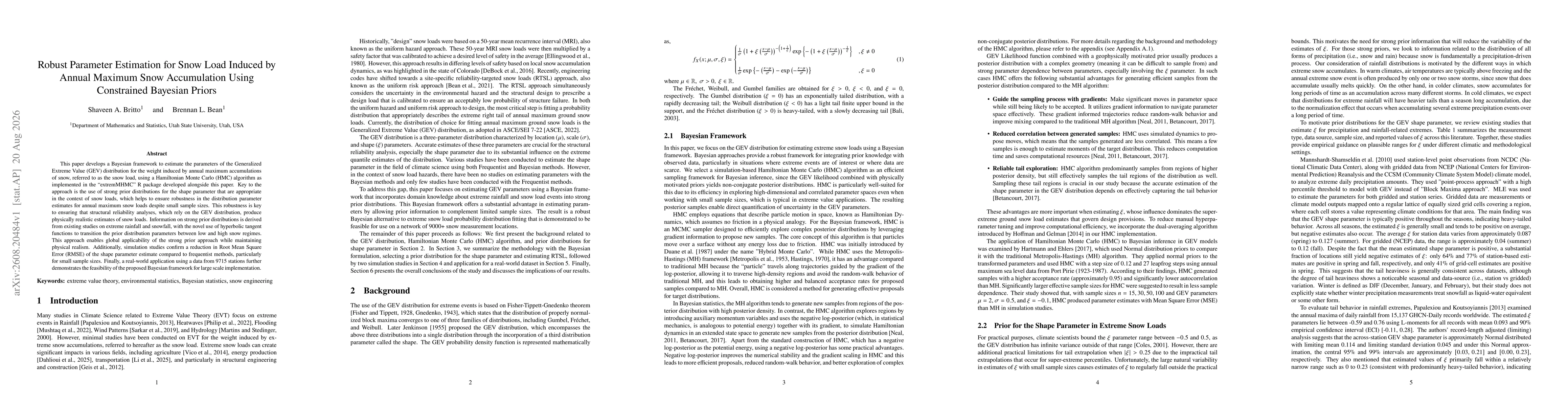 Thumbnail for Robust Parameter Estimation for Snow Load Induced by Annual Maximum Snow Accumulation Using Constrained Bayesian Priors