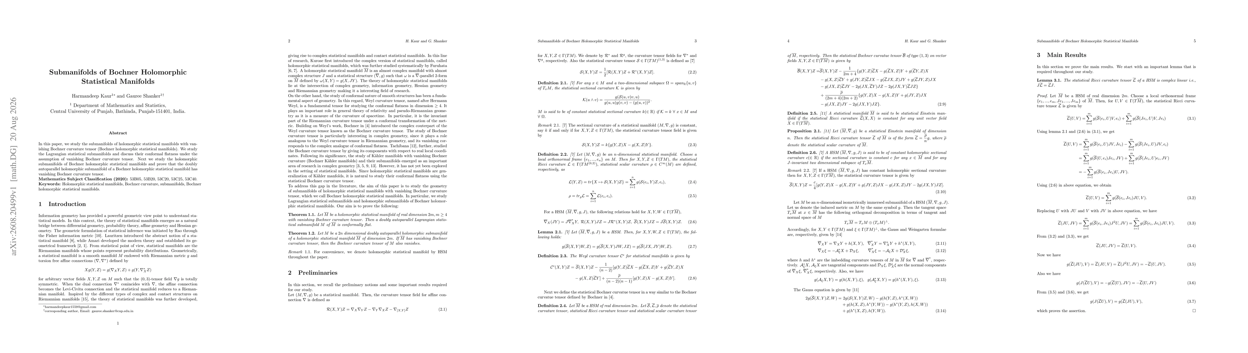 Thumbnail for Submanifolds of Bochner Holomorphic Statistical Manifolds