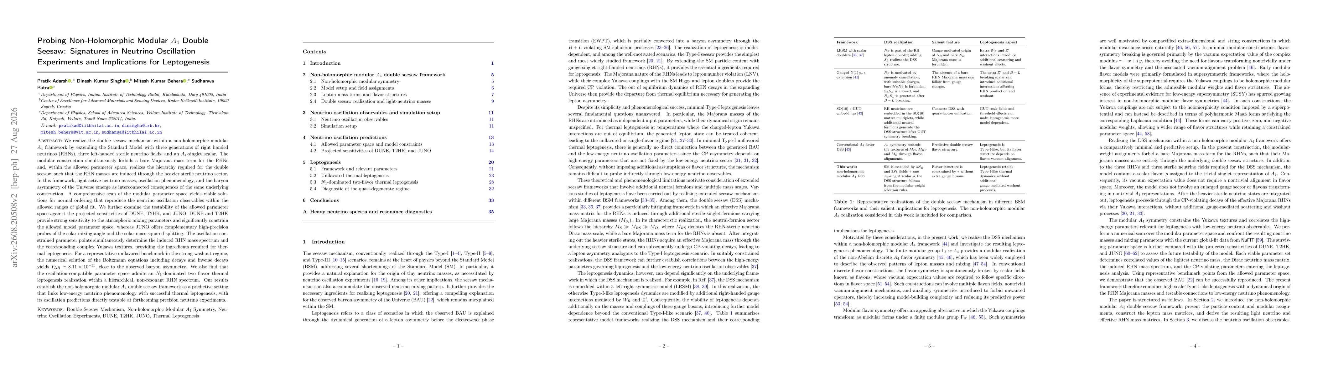 Thumbnail for Probing Non-Holomorphic Modular $A_4$ Double Seesaw: Signatures in Neutrino Oscillation Experiments and Implications for Leptogenesis