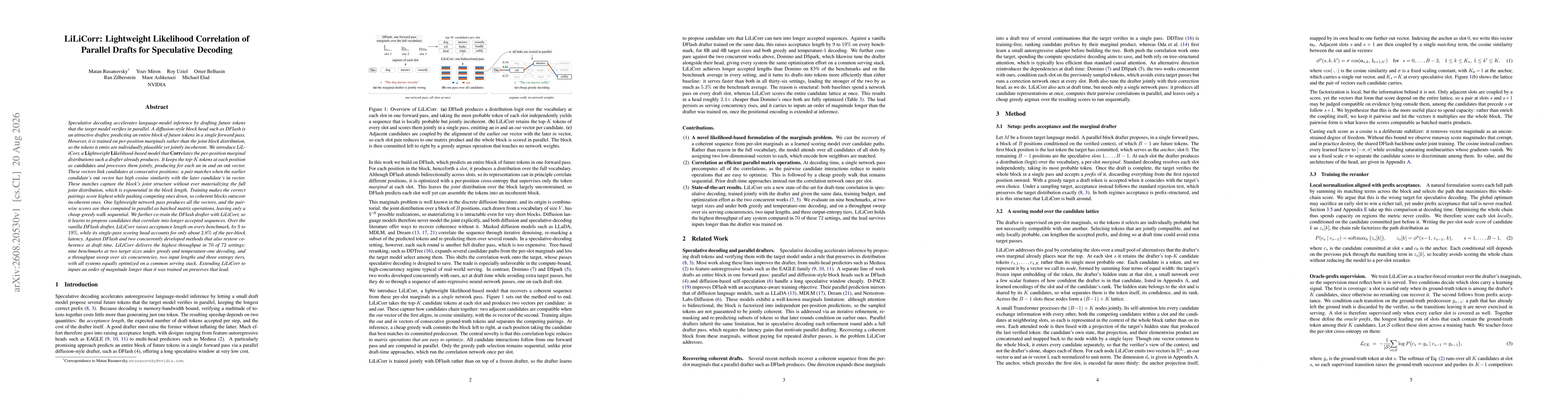 Thumbnail for LiLiCorr: Lightweight Likelihood Correlation of Parallel Drafts for Speculative Decoding