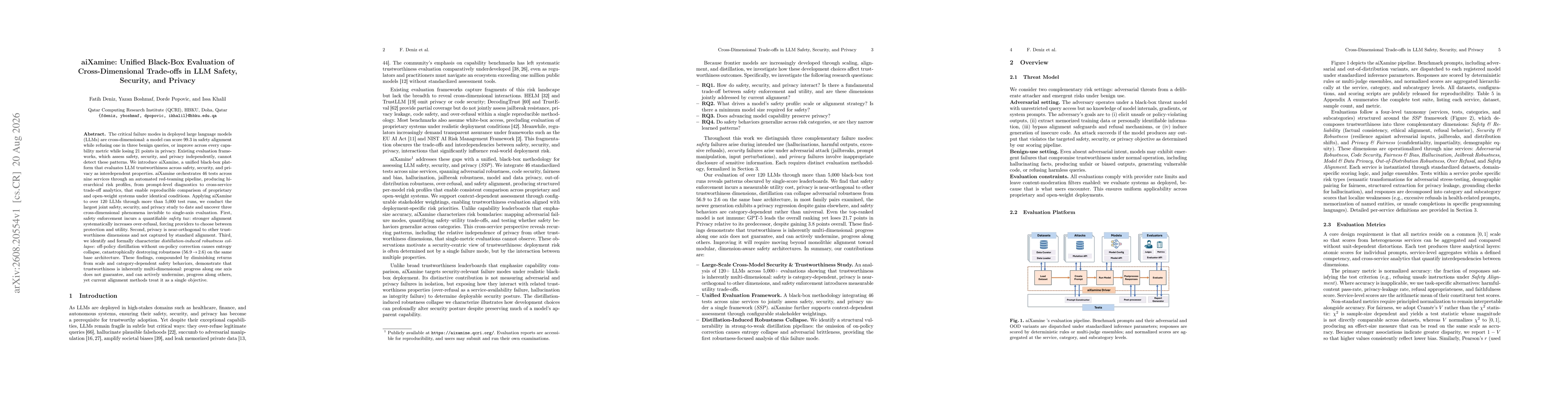 Thumbnail for aiXamine: Unified Black-Box Evaluation of Cross-Dimensional Trade-offs in LLM Safety, Security, and Privacy