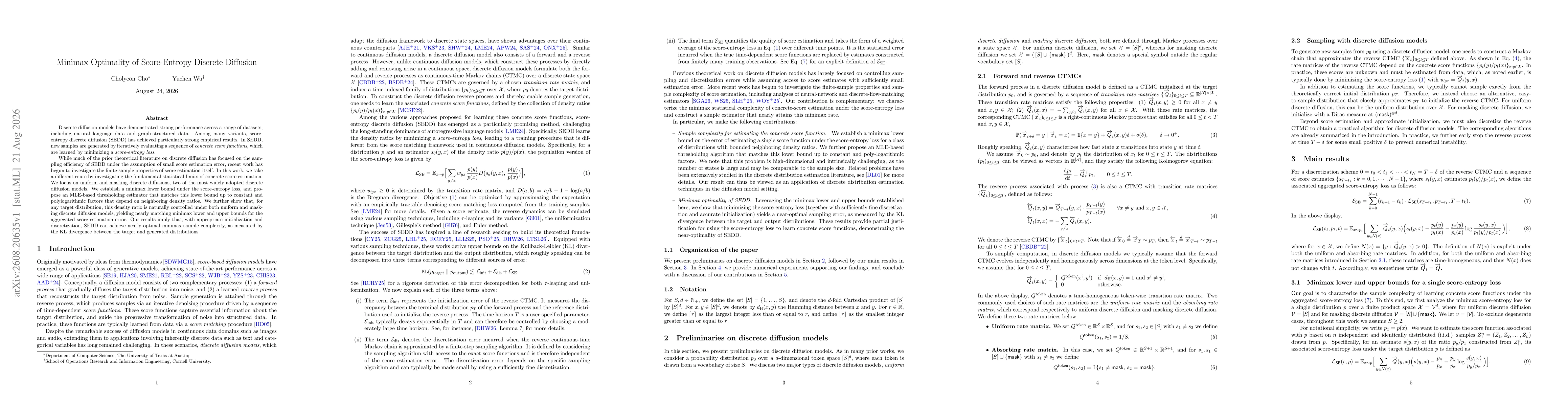 Thumbnail for Minimax Optimality of Score-Entropy Discrete Diffusion