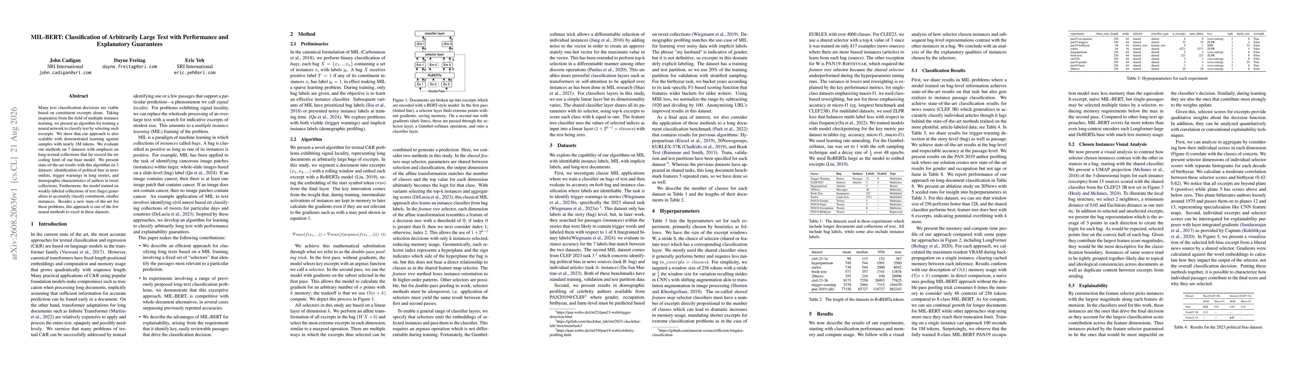 Thumbnail for MIL-BERT: Classification of Arbitrarily Large Text with Performance and Explanatory Guarantees