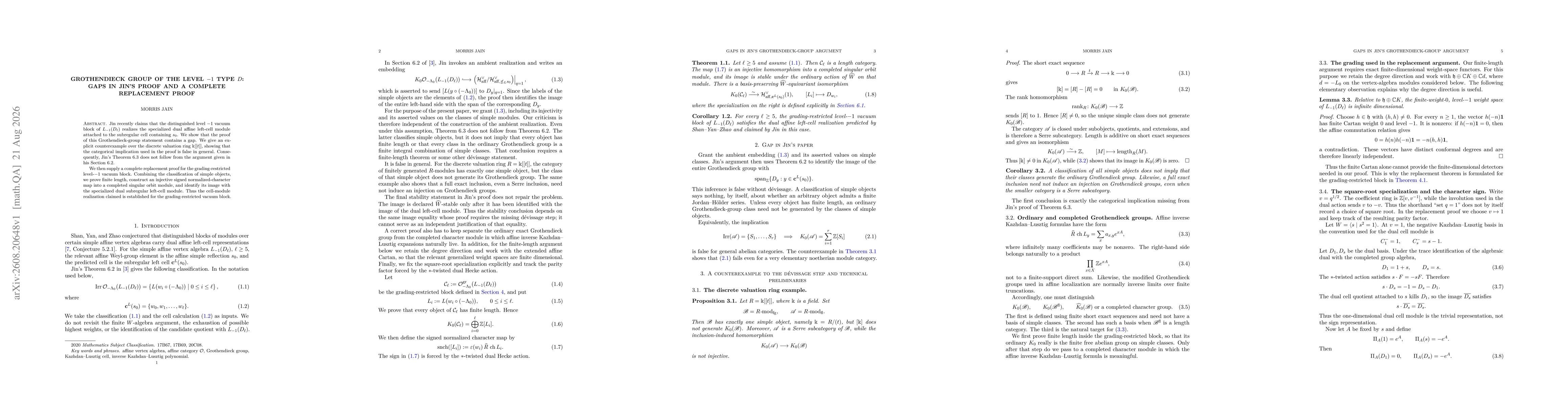 Thumbnail for Grothendieck Group of the Level -1 Type D: Gaps in Jin's Proof and a Complete Proof