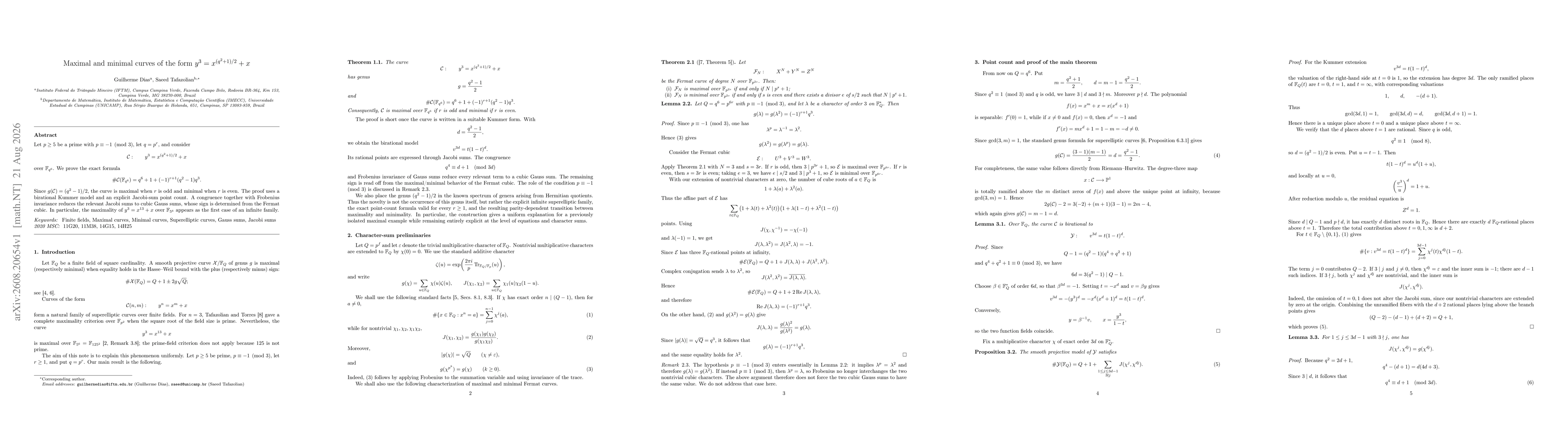 Thumbnail for Maximal and minimal curves of the form $y^3=x^{(q^2+1)/2}+x$