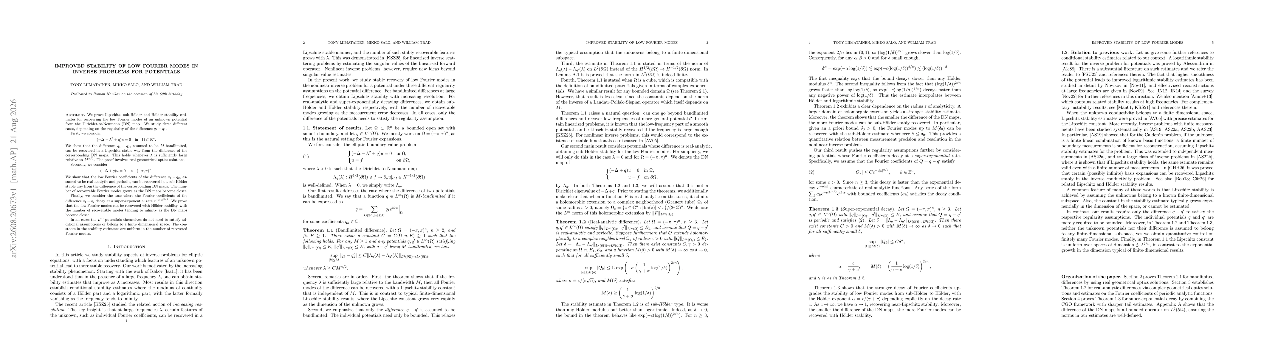 Thumbnail for Improved stability of low Fourier modes in inverse problems for potentials