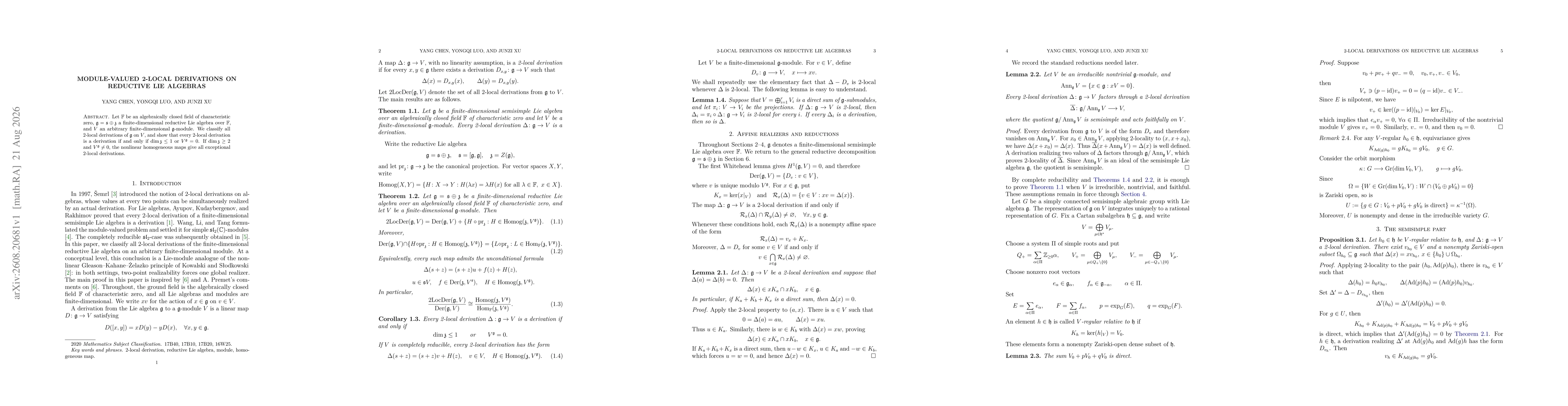 Thumbnail for Module-Valued 2-Local Derivations on Reductive Lie Algebras