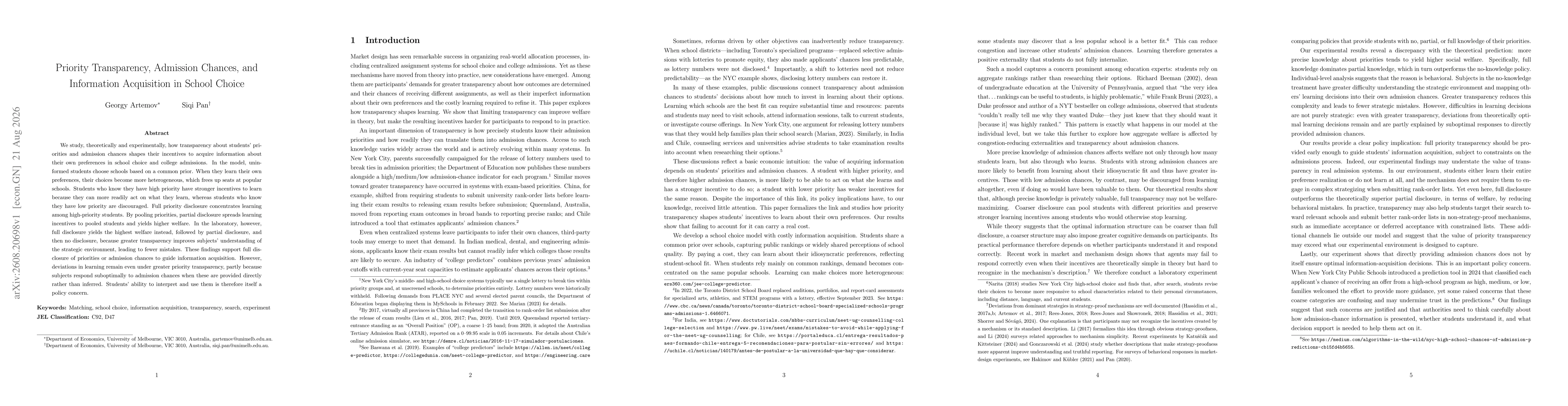 Thumbnail for Priority Transparency, Admission Chances, and Information Acquisition in School Choice