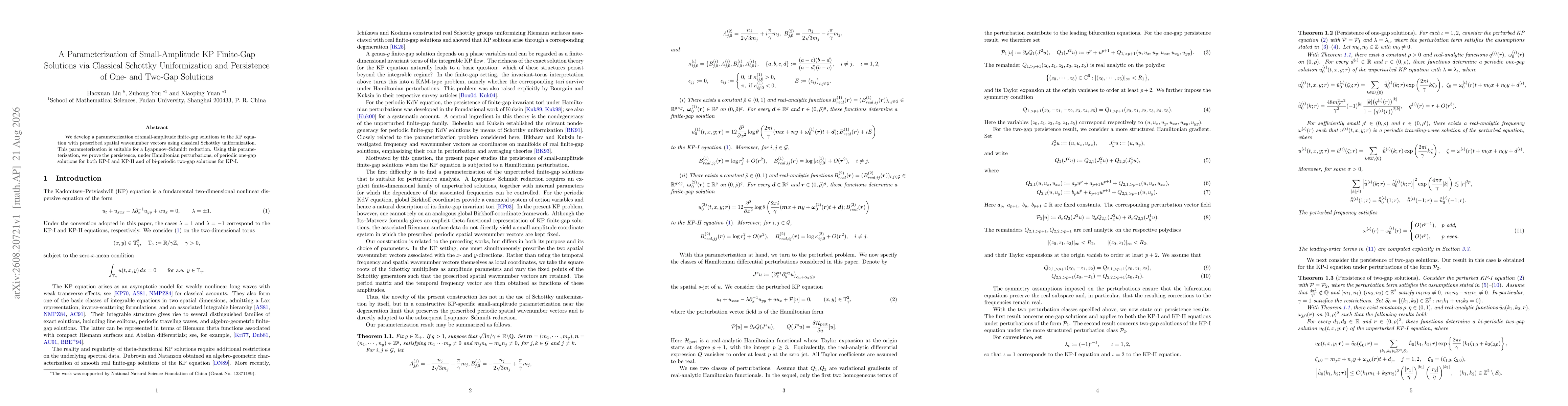 Thumbnail for A Parameterization of Small Amplitude KP Finite Gap Solutions via Classical Schottky Uniformization and Persistence of One and Two Gap Solutions