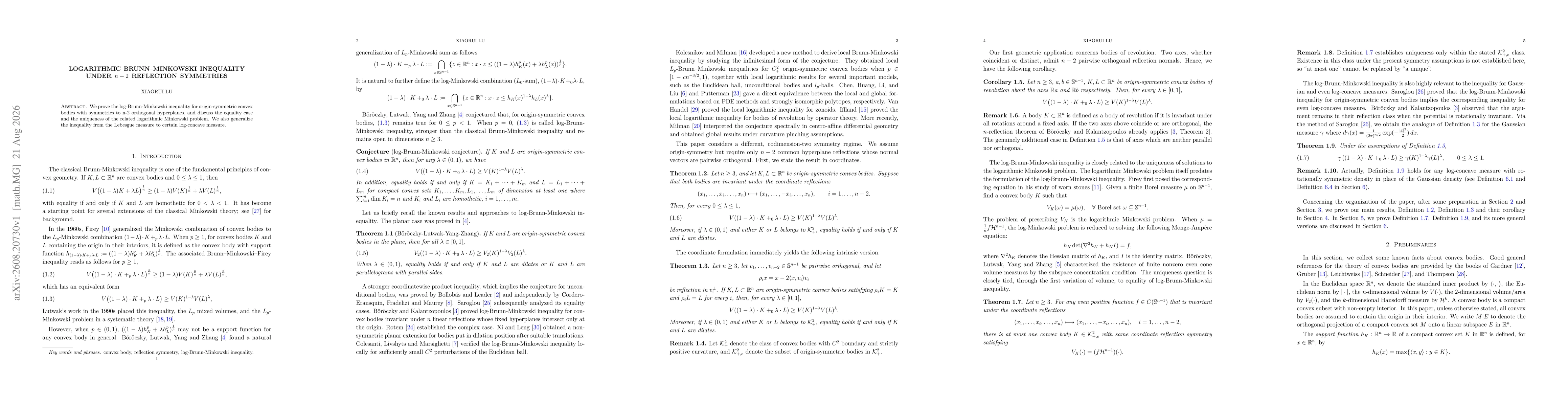 Thumbnail for Logarithmic Brunn--Minkowski Inequality under $n-2$ Reflection Symmetries