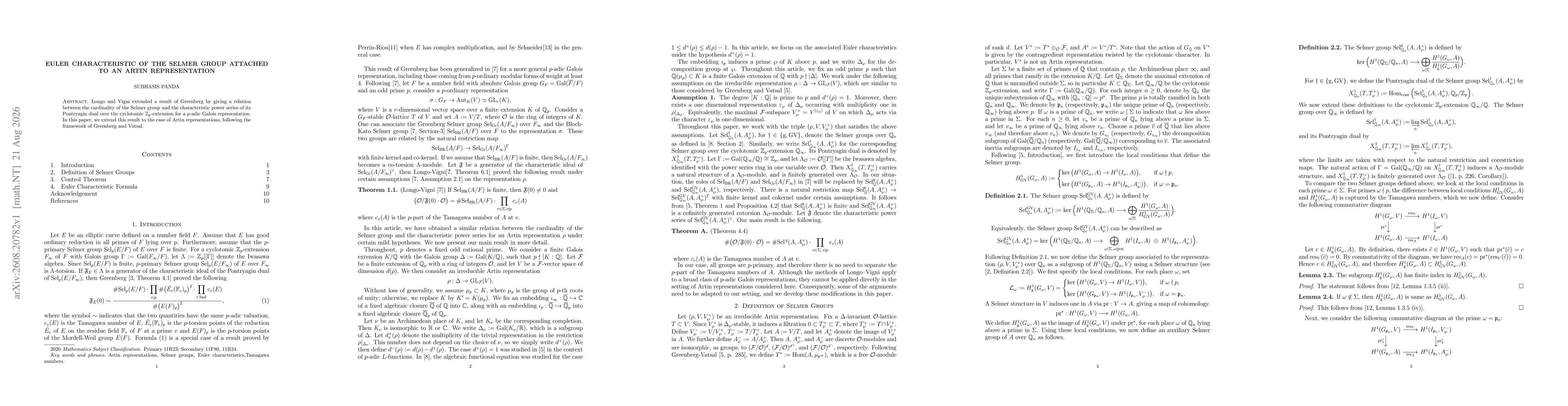Thumbnail for Euler characteristic of the Selmer group attached to an Artin representation