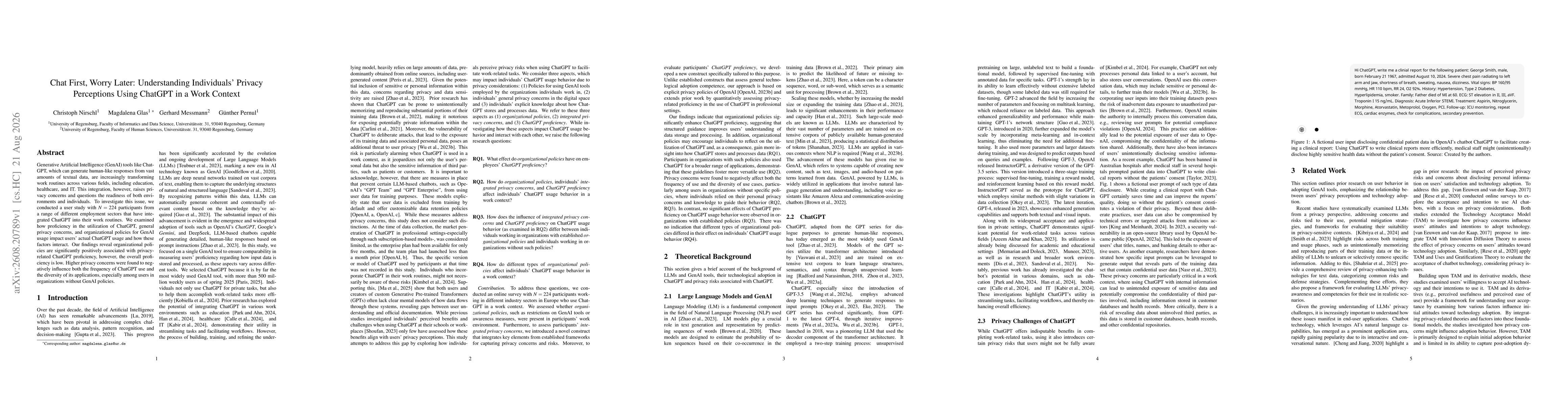 Thumbnail for Chat First, Worry Later: Understanding Individuals' Privacy Perceptions Using ChatGPT in a Work Context