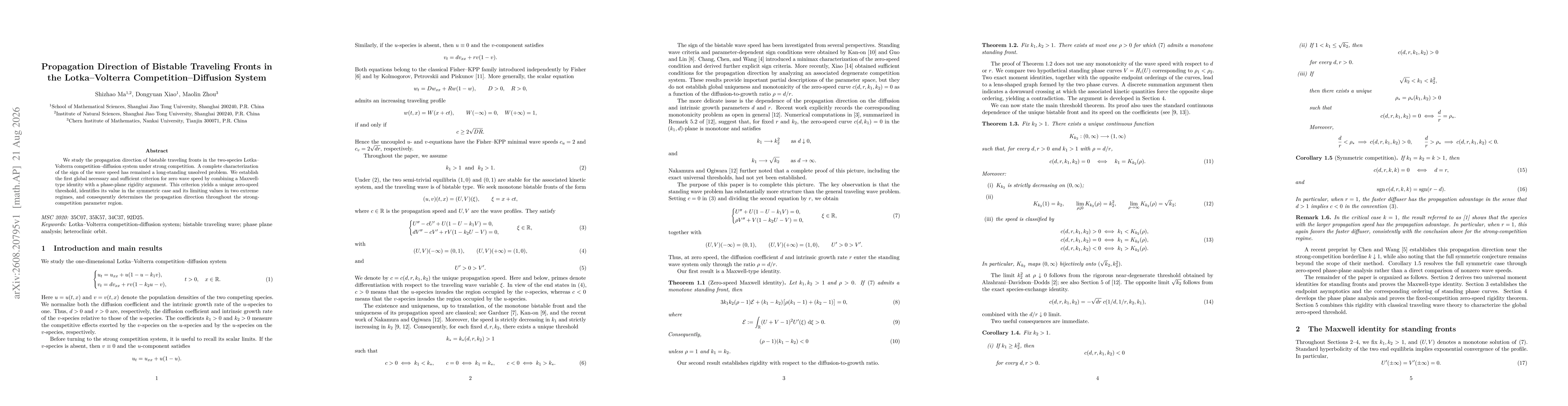 Thumbnail for Propagation Direction of Bistable Traveling Fronts in the Lotka--Volterra Competition--Diffusion System
