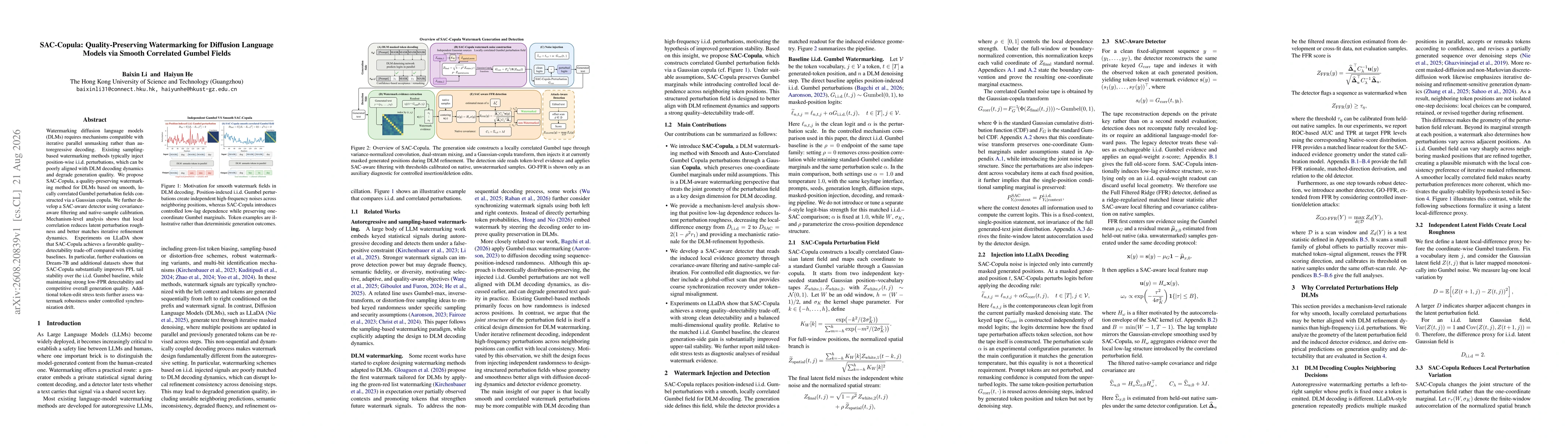 Thumbnail for SAC-Copula: Quality-Preserving Watermarking for Diffusion Language Models via Smooth Correlated Gumbel Fields