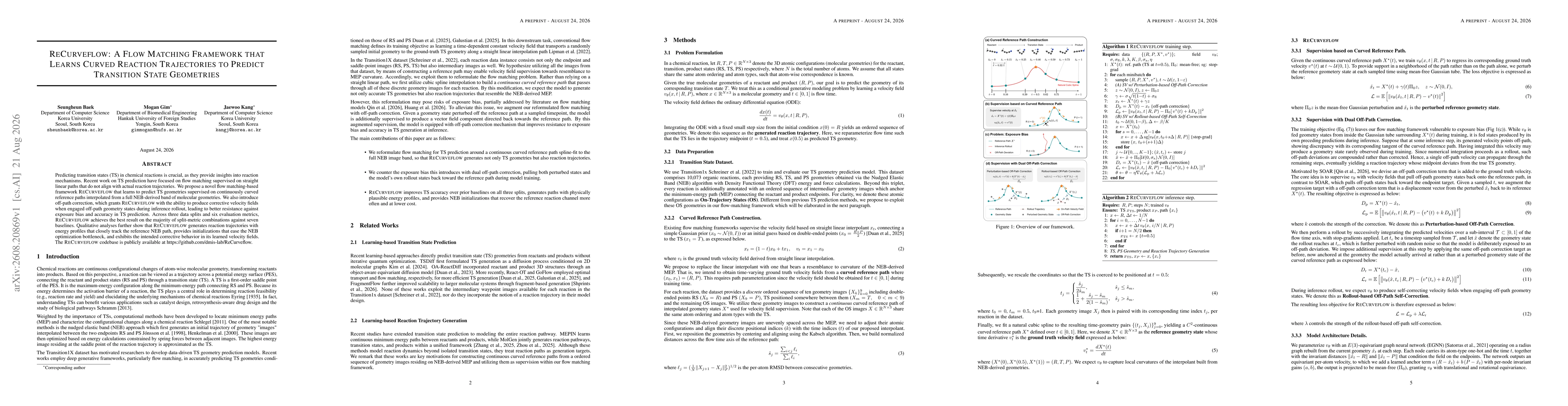 Thumbnail for ReCurveflow: A Flow Matching Framework that Learns Curved Reaction Trajectories to Predict Transition State Geometries
