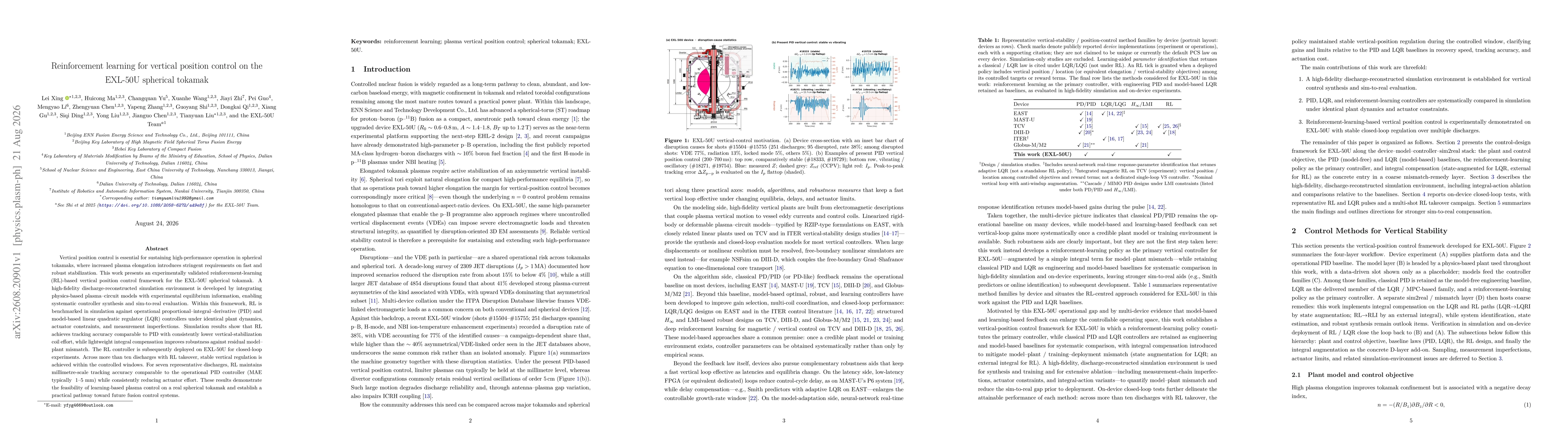 Thumbnail for Reinforcement learning for vertical position control on the EXL-50U spherical tokamak