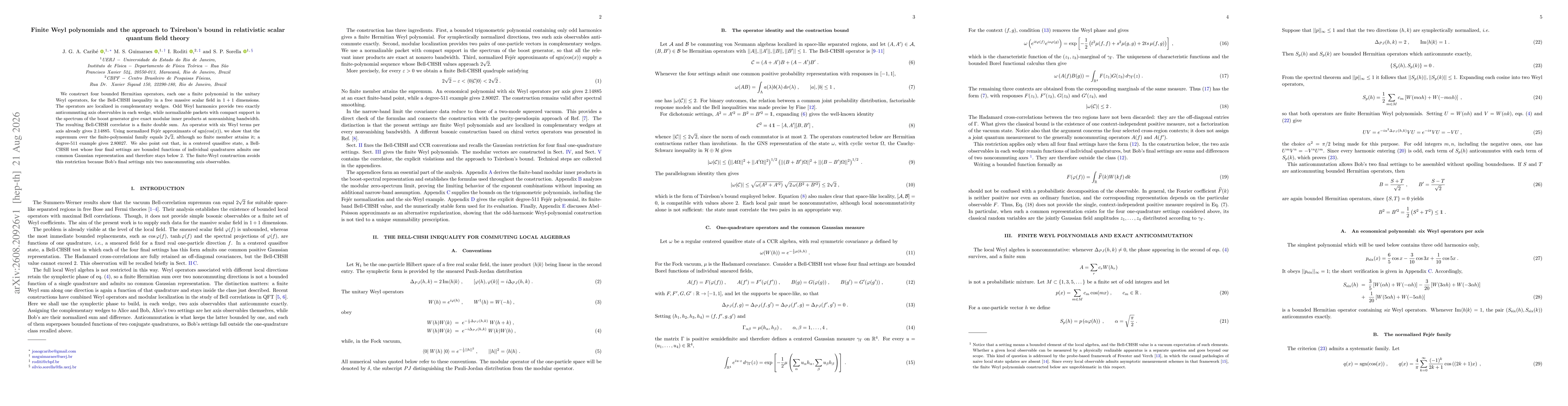 Thumbnail for Finite Weyl polynomials and the approach to Tsirelson's bound in relativistic scalar quantum field theory