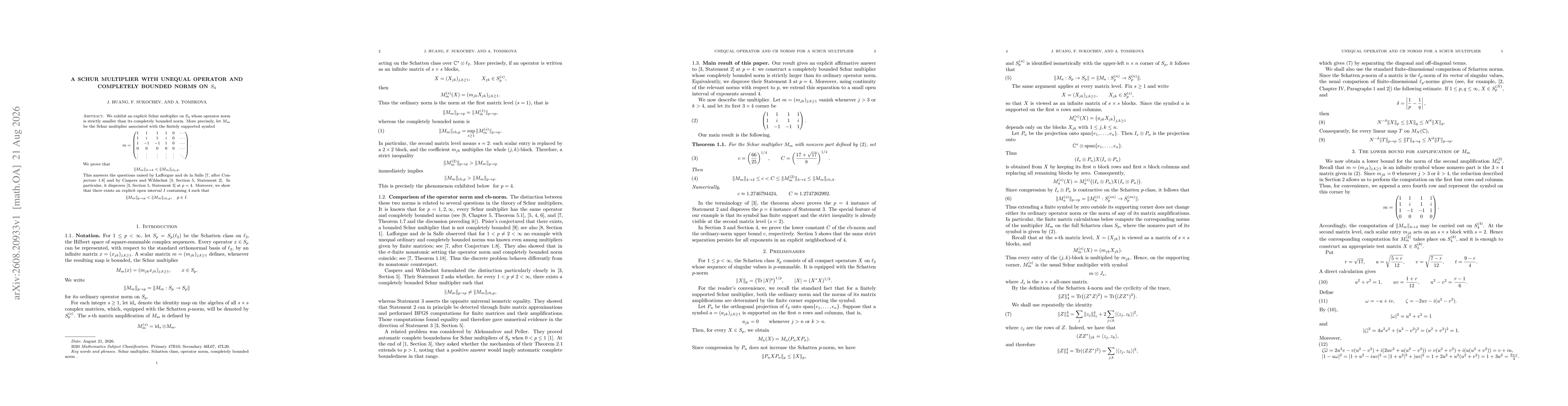 Thumbnail for A Schur Multiplier with Unequal Operator and Completely Bounded Norms on $S_4$
