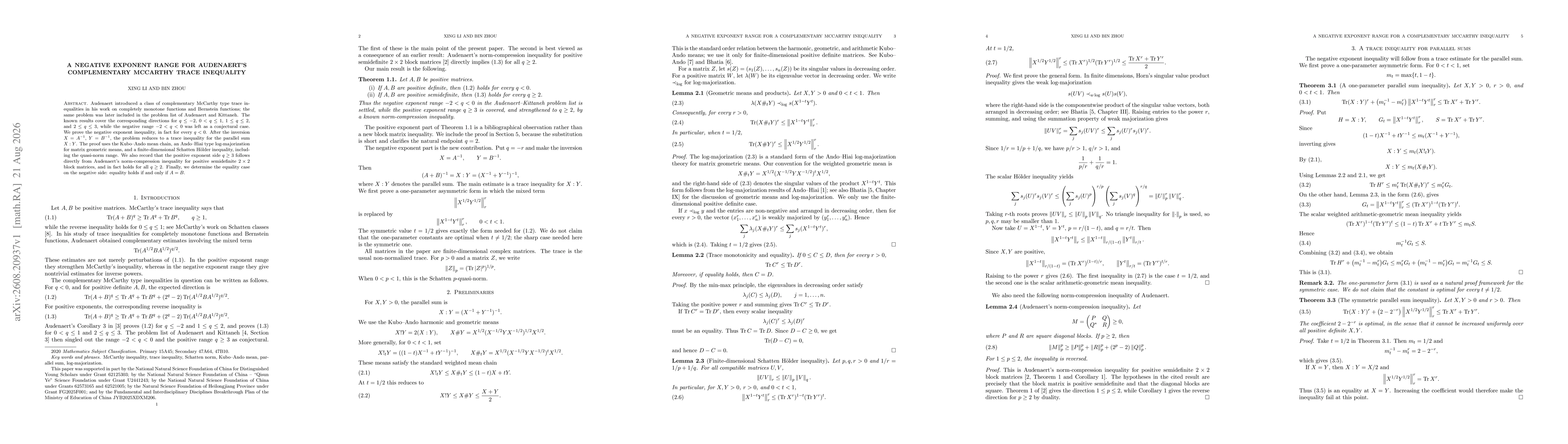 Thumbnail for A negative exponent range for Audenaert's complementary McCarthy trace inequality