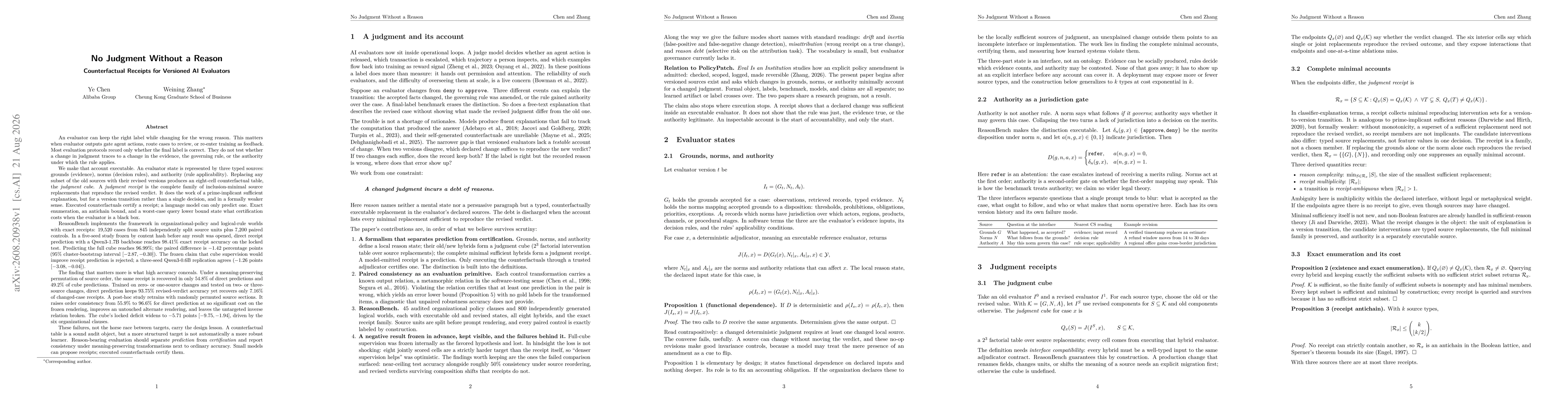 Thumbnail for No Judgment Without a Reason: Counterfactual Receipts for Versioned AI Evaluators