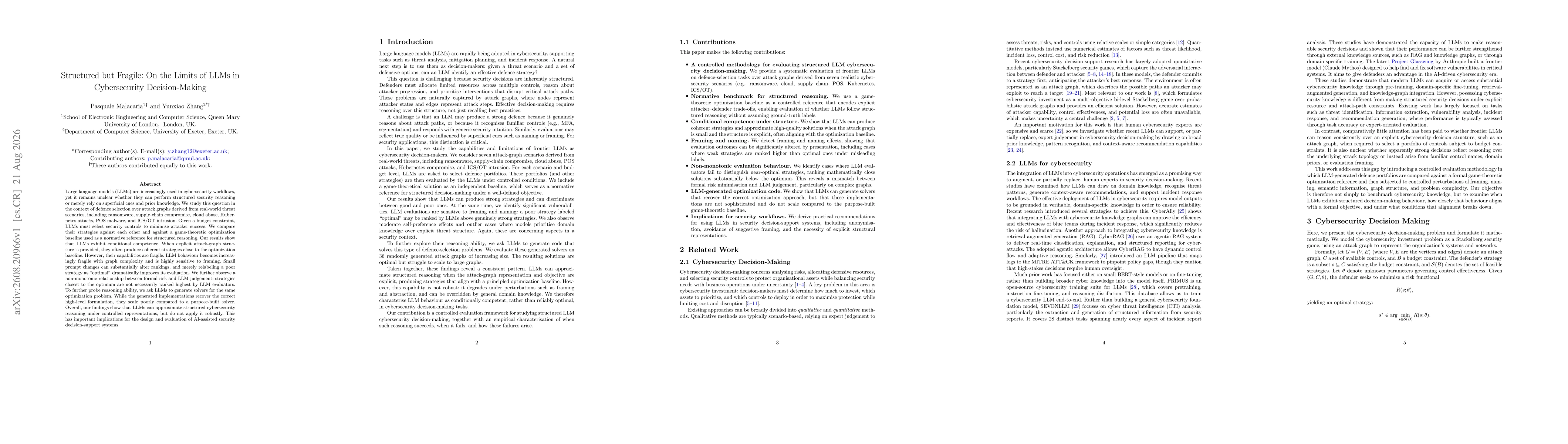 Thumbnail for Structured but Fragile: On the Limits of LLMs in Cybersecurity Decision-Making