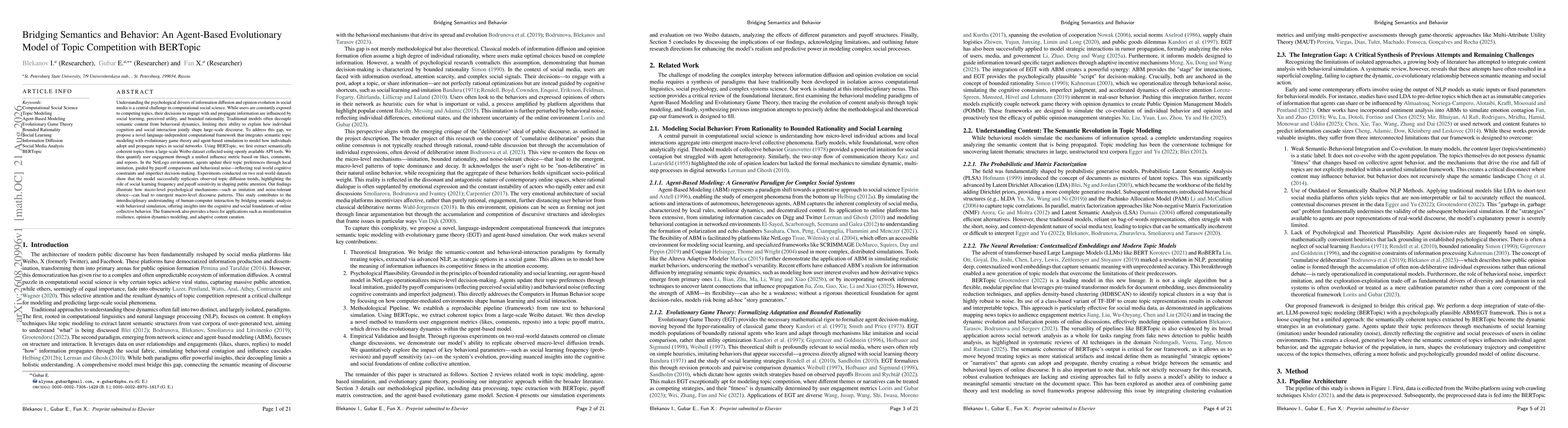 Thumbnail for Bridging Semantics and Behavior: An Agent-Based Evolutionary Model of Topic Competition with BERTopic