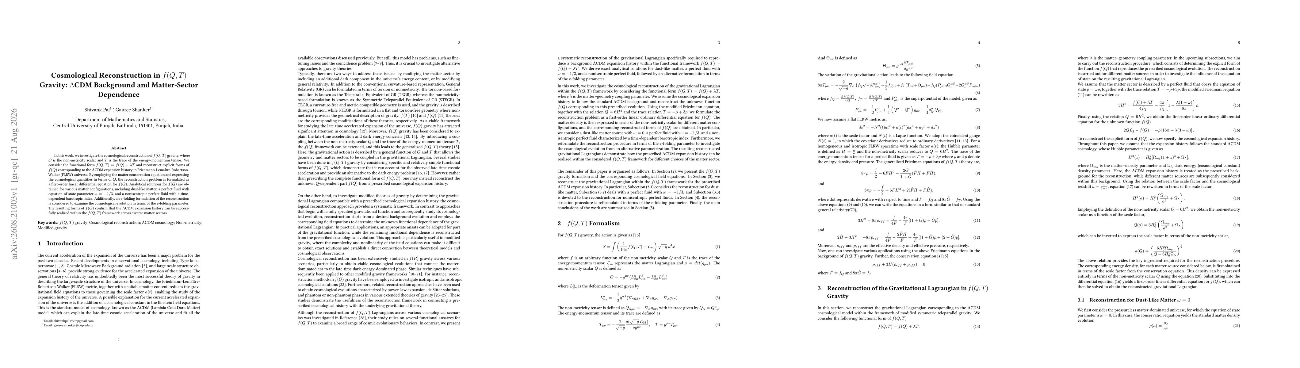 Thumbnail for Cosmological Reconstruction in $f(Q, T)$ Gravity: $Λ$CDM Background and Matter-Sector Dependence