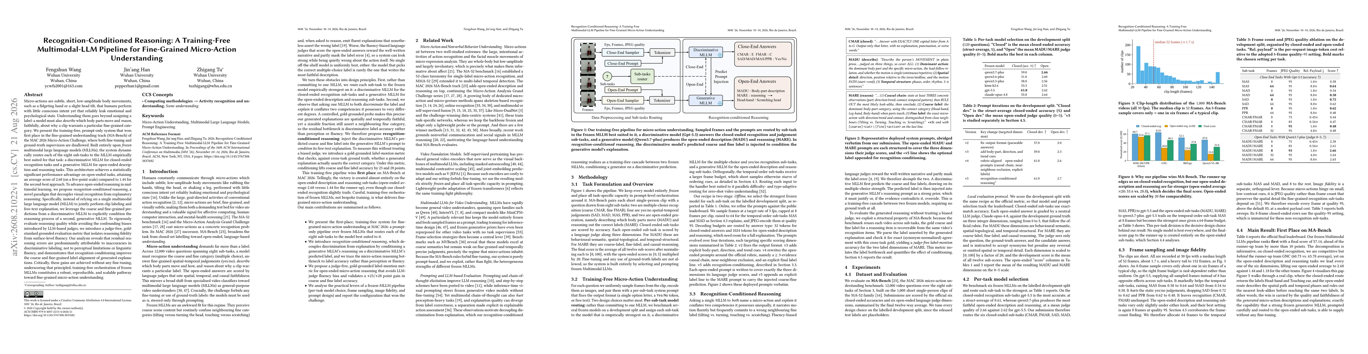 Thumbnail for Recognition-Conditioned Reasoning: A Training-Free Multimodal-LLM Pipeline for Fine-Grained Micro-Action Understanding